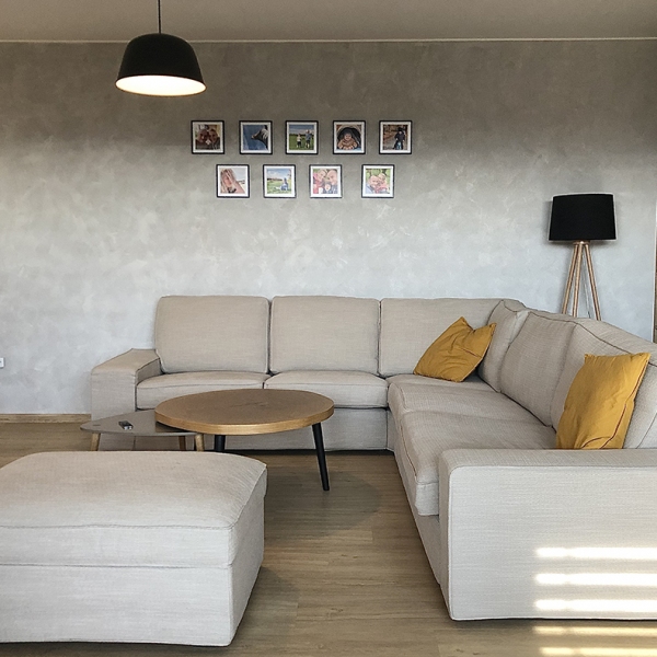Obývací pokoj s knihovnou a barem